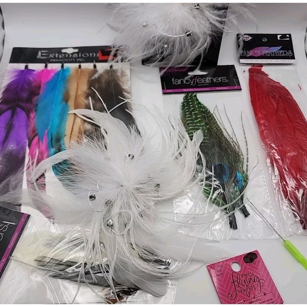 Hair Feathers Extensions Bright Multicolor Packaged Tool Crimps Peacock Red Pink